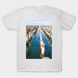 Rows of old wooden wharf piles in Melbourne, Australia. T-Shirt